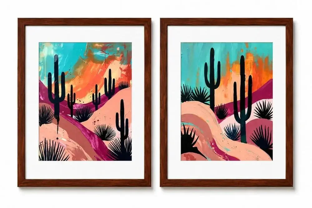 Framed Colorful Desert Cactus Print Pair — Boho Southwest Wall Art